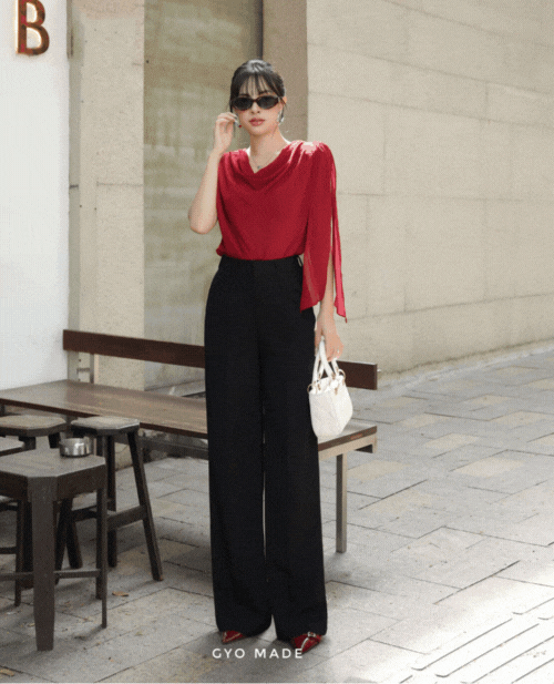 Quần Ống Rộng Nữ Đen Cạp Cao