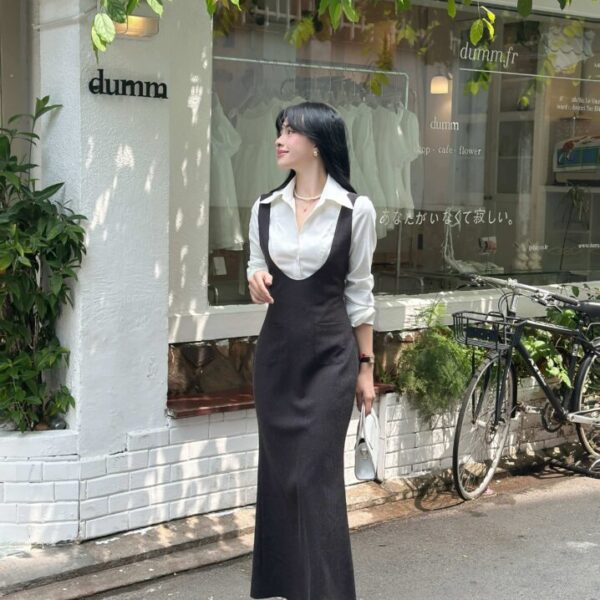 Đầm Yếm Dáng Dài Bố Tiêu Co Giãn Nhẹ