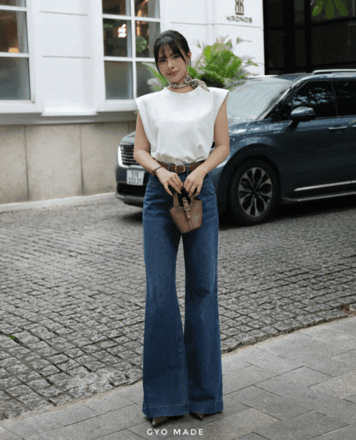 Quần Jean Ống Rộng Nữ Wash Xanh Đậm Đứng Dáng