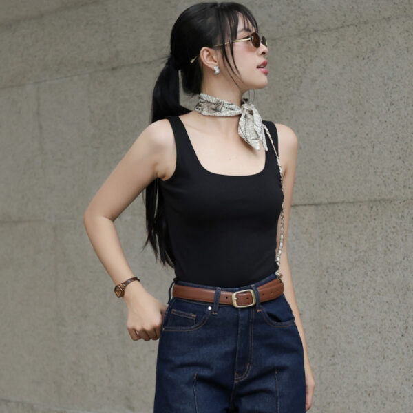 Áo Ba Lỗ Cổ Vuông Đen Cotton 4 Chiều