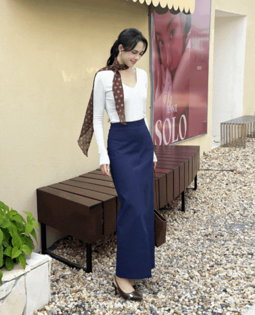 Chân Váy Dáng Dài Cạp Cao Xanh Navy