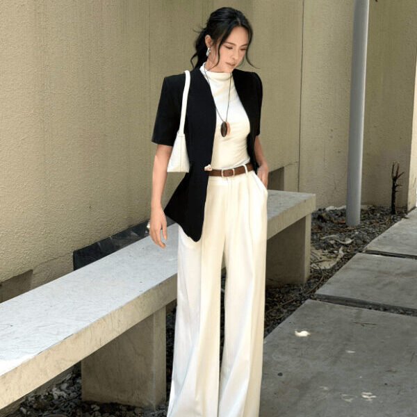 Quần Ống Rộng Trắng Nữ Twill
