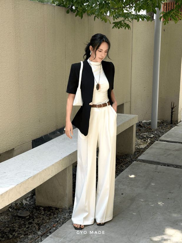 Quần Ống Rộng Trắng Nữ Twill